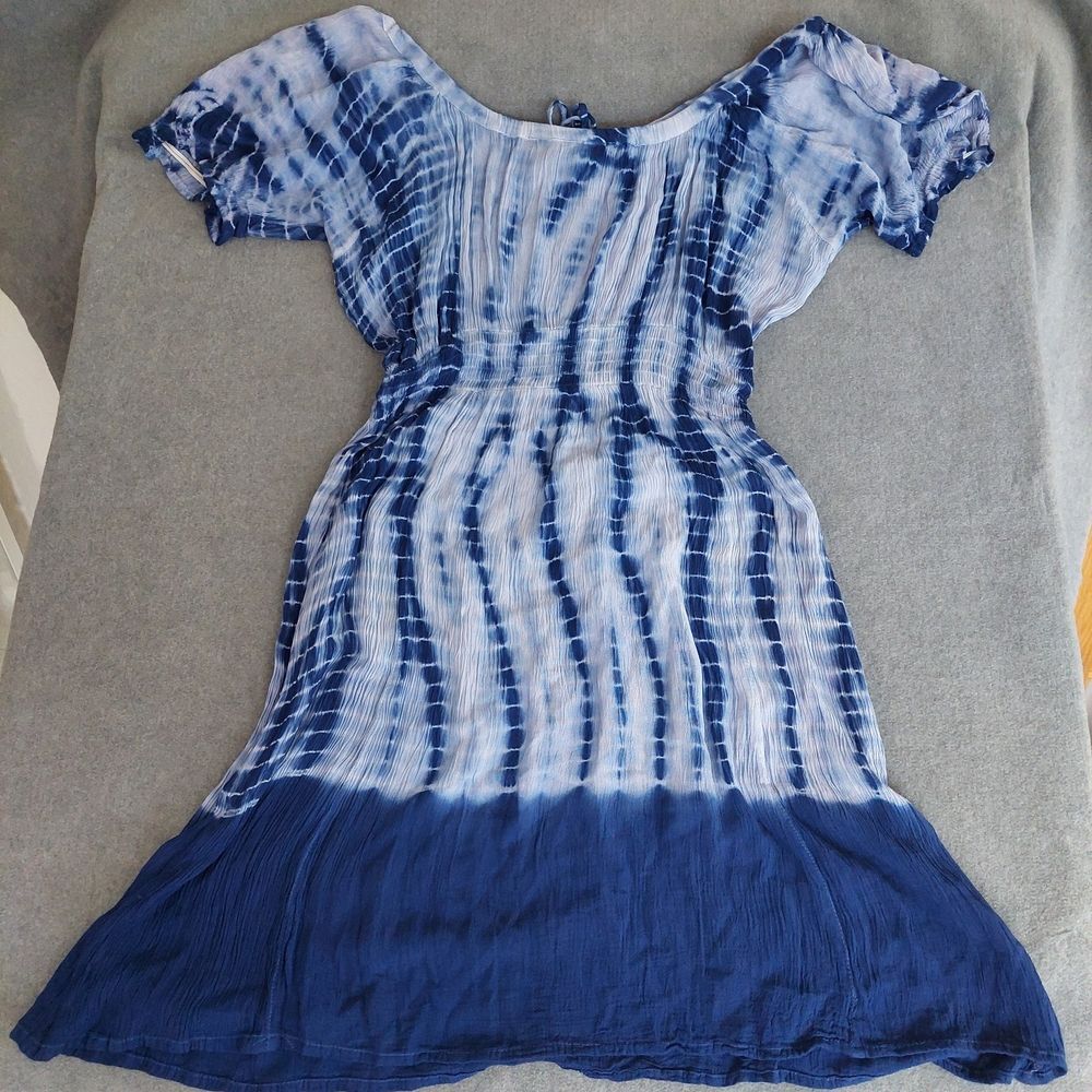 Raya Sun Boho Tie Dye Embroidered Smocked Mini Dress XL Blue White Cotton - Picture 4 of 7